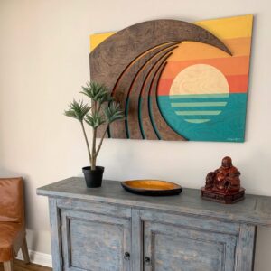 Hawaiian sculptures, modern wave art, wood wall sculptures